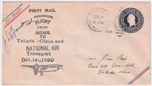 US 1930 U443 Chicago - Toledo 1st Passenger Flight Signed by Pilot, J. L. Bra...