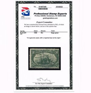 EXCELLENT GENUINE SCOTT #291 F-VF USED 50¢ TRANS-MISS PSE CERT REGISTRY CANCEL