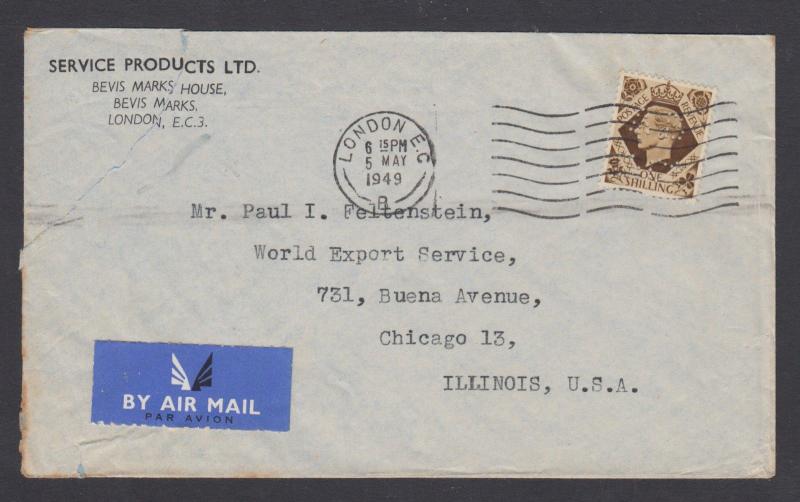 Great Britain Sc 248 perfin AB & Co on 1949 cover London to Chicago 