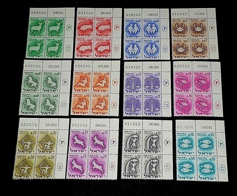 ISRAEL #198-210, 1961 ZODIAC SIGNS PLATE BLOCKS/4 SET/12, MNH, NICE! LQQK!