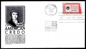 1142 4c Francis Scott  Key Credo FDC Anderson black cachet Sept 14, 1960 fault