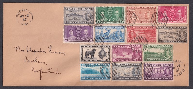 Newfoundland 1937 Sc 230-43 FDC cover to Buchans with both KGVI coronation sets