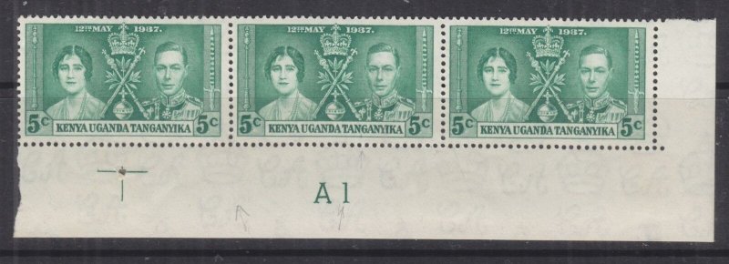 KENYA, UGANDA & TANGANYIKA, 1937 Coronation, 5c. Green, Plate # A1, corner strip