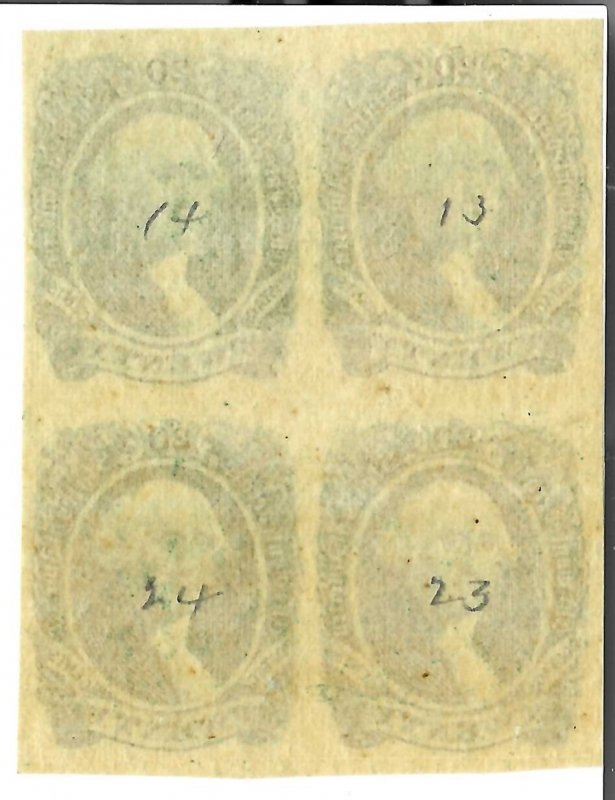 CSA #13 20c Green Washington Mint NH, OG, XF Block of 4 ,Full Margins (1863)