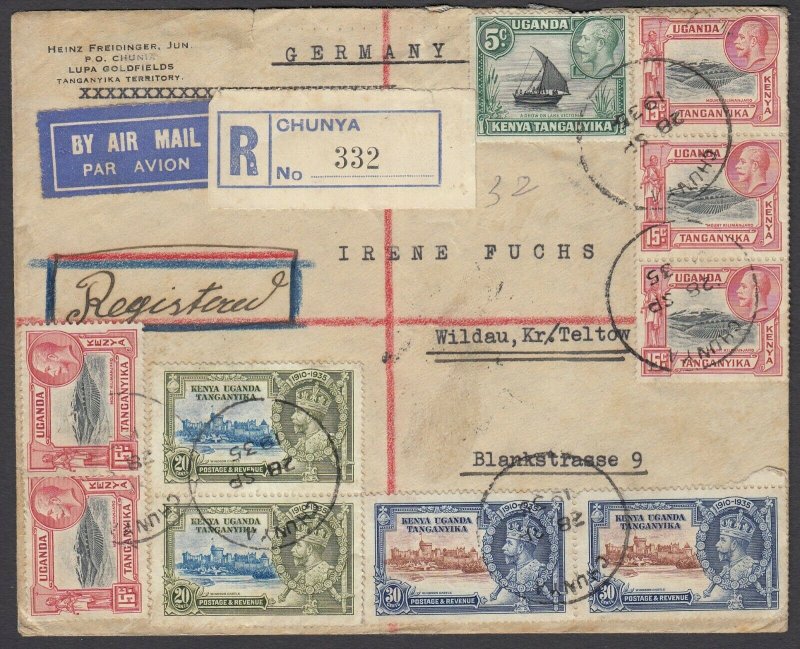 KUT, 1935 KGV registered cover from Chunya to Germany, with Silver Jubilees