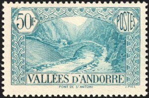 Andorra (French) #63A  MOG - 50fr turq blu Vallees d'Andorra (1943)
