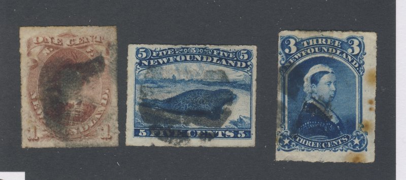 3x Newfoundland Rouletted Stamps; #37-1c #39-3c #40-5c Guide Value = $80.00