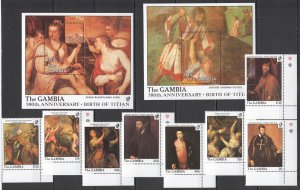 B0274 Gambia Art Paintings Birth Of Titian Michel 33 Euro #773-80+Bl49-50 Mnh