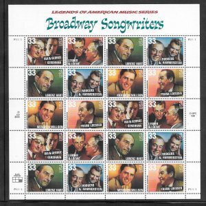 SCOTT  3345-50  BROADWAY SONG WRITERS  33¢  SHEET OF 20  MNH