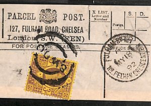 GB Chelsea PARCEL POST LABEL *127 FULHAM ROAD* London PELHAM CRESCENT CDS QB33