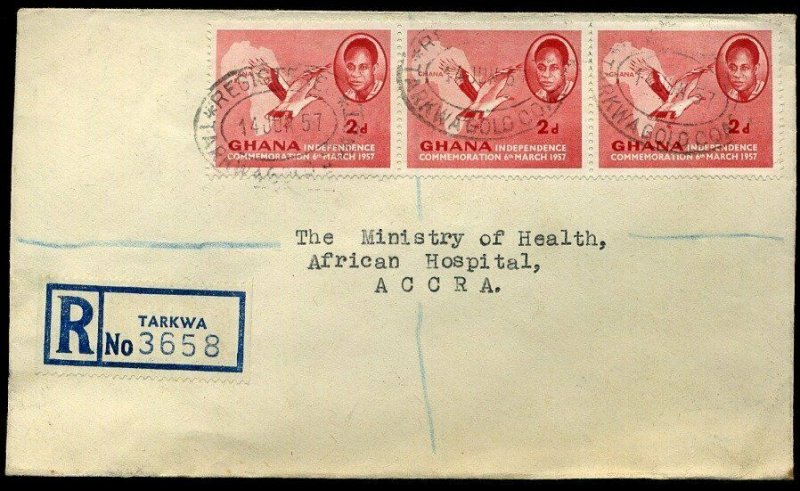 Ghana 1957 2d Independence x3 Registered Tarkwa to Accra