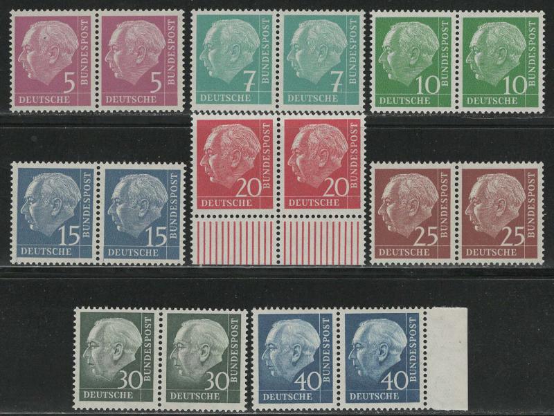 Germany Bund Scott # 704, 706, 708 - 711, 755, 756, mint nh, pairs, fluoresc.pap