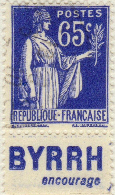 FRANCE - 1937 Pub BYRRH (encourage) inférieure sur Yv.365b 65c Paix - obl. TB