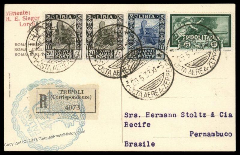 Tripolitania 1933 Libya Italy 10L Graf Zeppelin Rome 2nd SAF Brazil Cover 91878