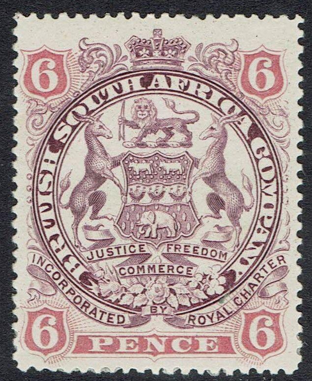 RHODESIA 1897 ARMS 6D CURLED SCROLLS 