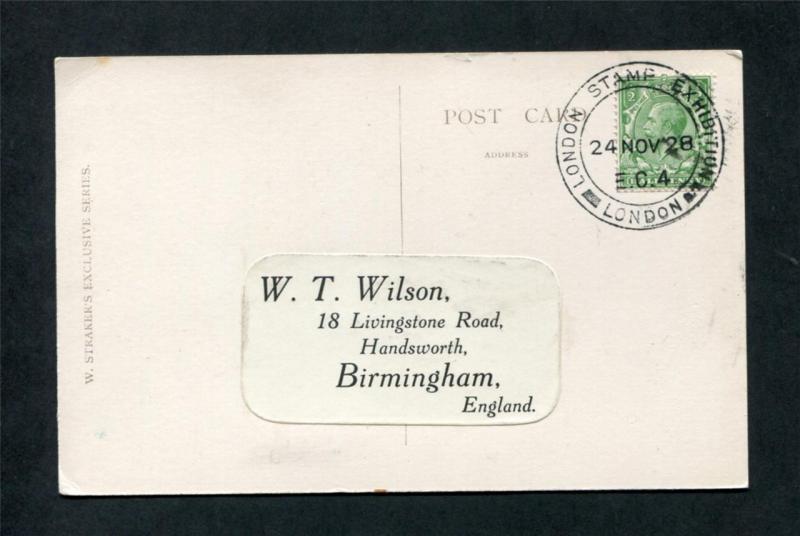 1928 LONDON STAMP EXHIBITION CANCEL ON POSTCARD