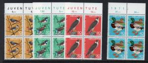 Switzerland Sc B402-5 1971 Birds Pro Juventute stamp set mint NH Blocks of 4