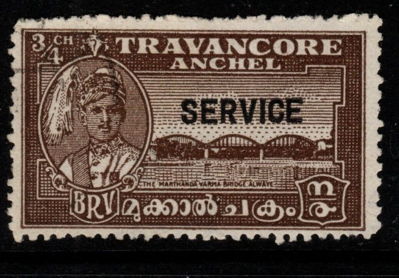 INDIA-TRAVANCORE SGO104 1942 ¾ch BROWN p12½ USED