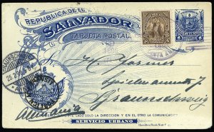 Salvador #134, 1896 1c postal stationery card sent from Santa Ana. to Germany...