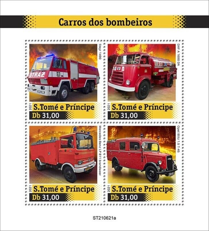 St Thomas - 2021 Fire Engine Transports - 4 Stamp Sheet - ST210621a