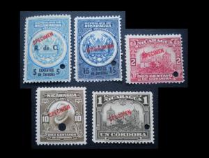 MPH. NICARAGUA SPECIMEN STAMPS FROM AMERICAN BANKNOTE CO. 5 EARLY ISSUES L:9