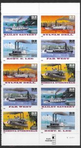 US #3091-3095 MNH Plate Block of 10. River Boats.  Very Nice.