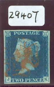 (SG spec DS2) 1840 2d violet-blue, plate 1 lettered JK. Fine used with a red...