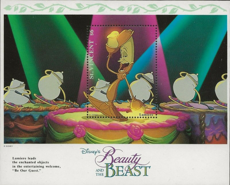 1992 WALT DISNEY ST.VINCENT 'BEAUTY AND THE BEAST' SOUVENIR SHEET 