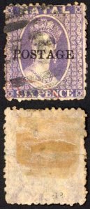 Natal SG83 6d Violet Wmk CC Opt POSTAGE (Davis) Cat 9 pounds