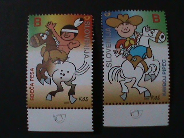 ​SLOVENIA-2001-CARTOONS-BABY COWBOY & BABY INDIAN ON HORSE MNH VERY FINE