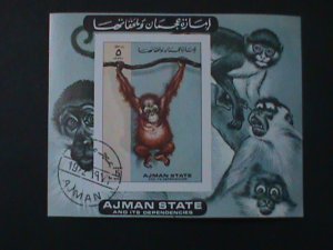 ​AJMAN-AIRMAIL 1972-LOVELY MONKIES- CTO-IMPERF S/S FANCY CANCEL-VERY FINE