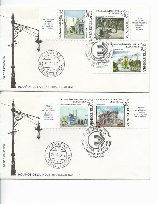 VENEZUELA 1988 100 years of Electric Industry 2 FDC COMPLETE SET ON 2 COVERS