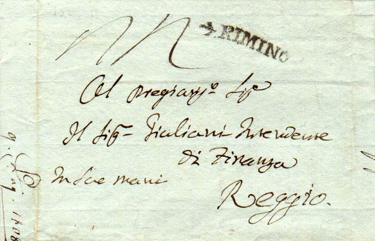 Italy Rimino 1808 serifed sl on Stampless Folded Letter to Reggio.  Under Fre...