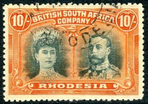 RHODESIA-1910-13 10/- Blue-Green & Orange. A very fine used example Sg 164