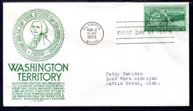 US 1019 Washington Territory C Anderson Green Typed FDC