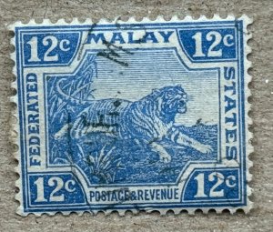 Malaya FMS 1922 12c Tiger, used. Scott 65, CV $0.25. SG 68