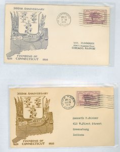 US 772 1935 3c Connecticut Tercentenary (Charter Oak) single on 2 addressed (typed) first day covers with different color cachet