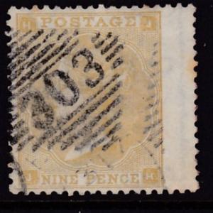 Great Britain 1862 QV 9d straw Numeral Cancel Wing Margin Stamp VF/(o)