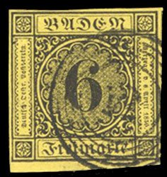 German States, Baden #9 Cat$27, 1853 6kr black on yellow, used