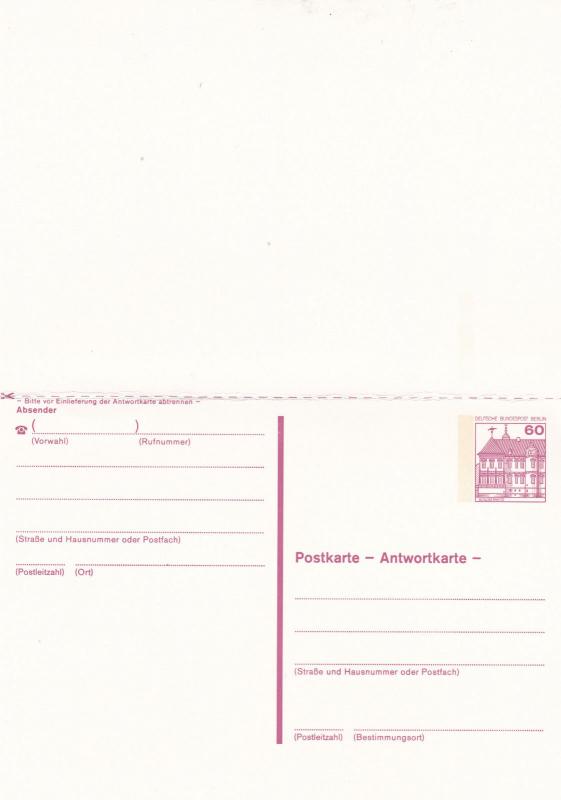 West Berlin 60pfg Prepaid Postcard with Reply Unused VGC