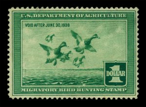 US 1937  Scaup DUCKS Taking to Flight  $1.00  green  Scott # RW4  mint MH