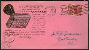 1909, The Wayne Stamp Co., Fort Wayne IN. handstamp illustrated env, pink cover