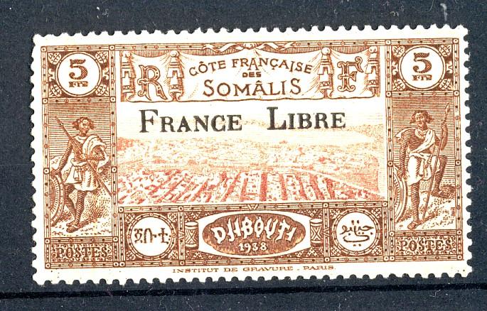 FRENCH SOMALI COAST 1943 #220 5Fr, MNH, OVPT. FRANCE LIBRE