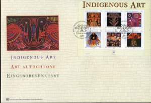 UNITED NATIONS 2005  INDIGENOUS ART NY GENEVA & VIENNA SHEETS  ON  THREE  FDCS