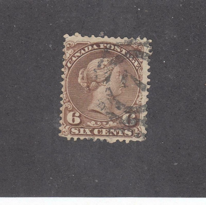 CANADA # 27a 6cts LARGE QUEEN YELLOW BROWN 2 RING ST JOHNS N.B. CANCEL CV $60+