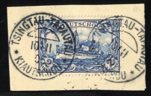 German Colonies, Kiauchau #20 Cat$100, 1901 2m blue, used on piece