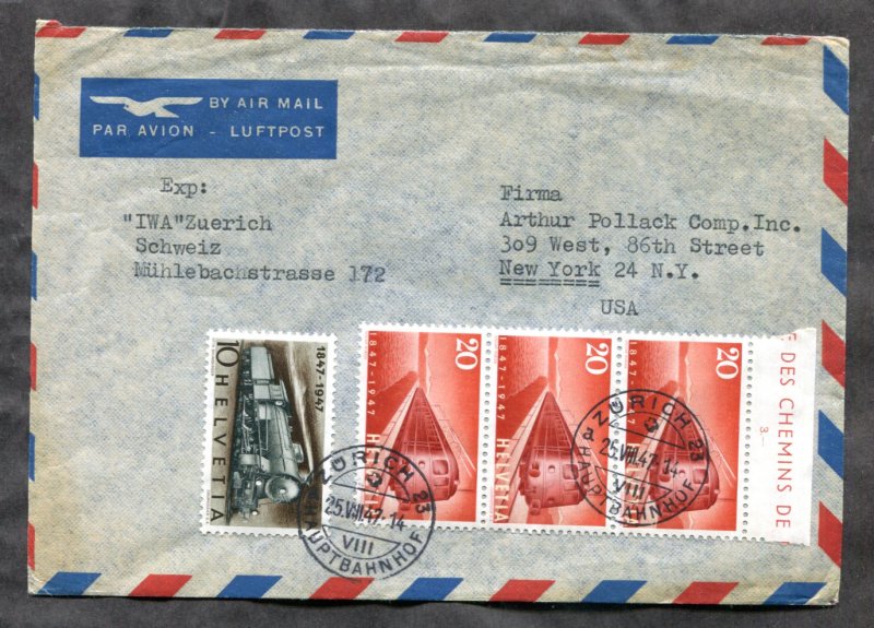 d1005 - SWITZERLAND 1947 Cover to USA. Train Stamps