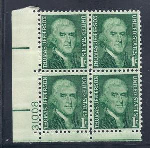 US#1278 - 1c  Plate block of 4 -Thomas Jefferson CV$0.25