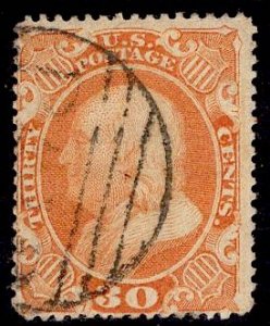 US Stamp #38 30c Franklin USED with PAID Cancel SCV $425. Bright Imrpession.