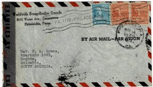 1945 Philadelphia, Penn. cancel on airmail cover to COLOMBIA, censored, Prexies